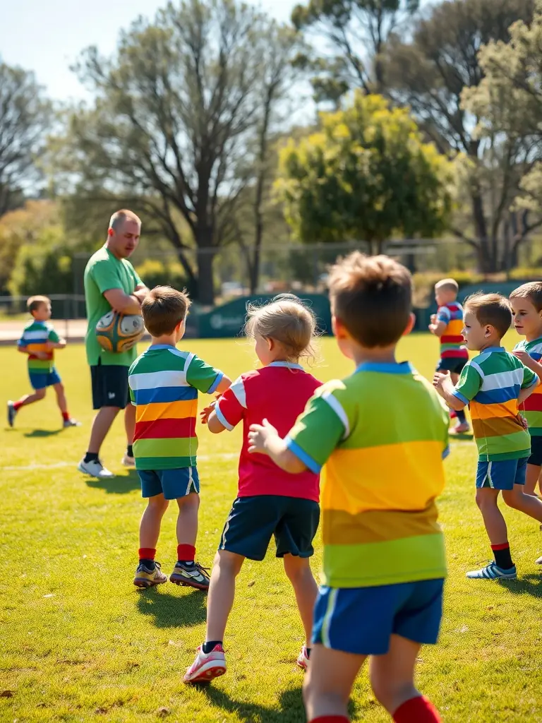 A group of young rugby players participating in a training session, focusing on teamwork and coordination, with a coach providing guidance in the background. The scene should convey energy and enthusiasm.
