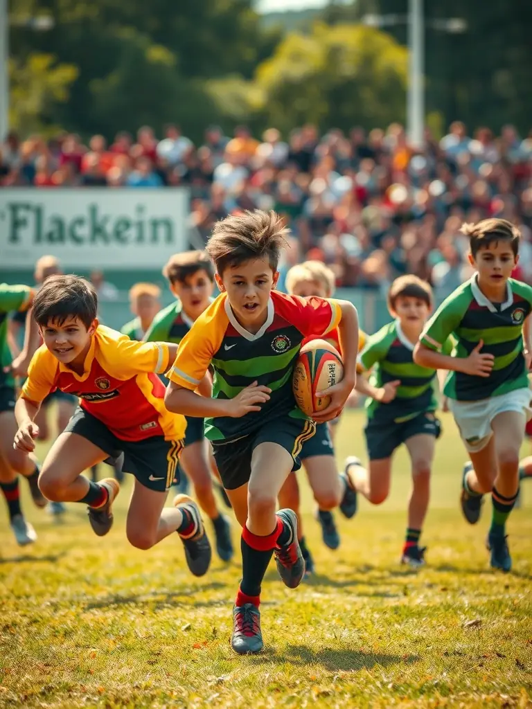 A dynamic shot of a rugby match featuring young players, capturing the excitement and competitive spirit of the sport. The focus is on action and determination.