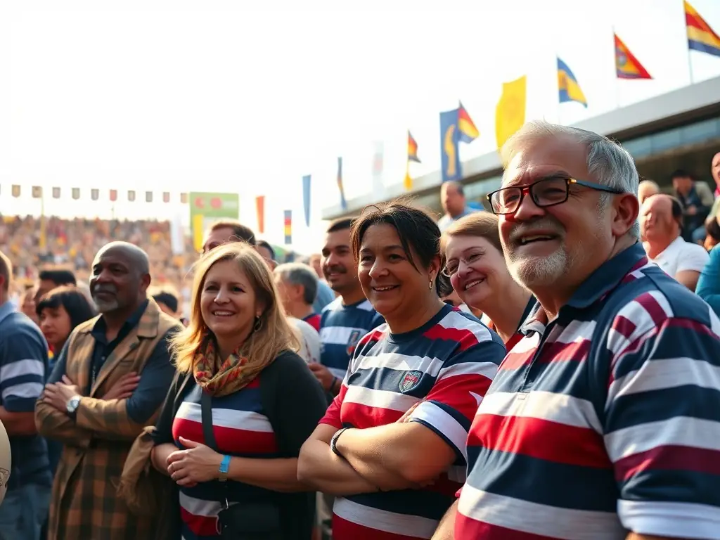 A photograph capturing a community event organized by LES GABARIANS, featuring volunteers and participants engaging in a rugby-related activity, emphasizing community involvement and support.