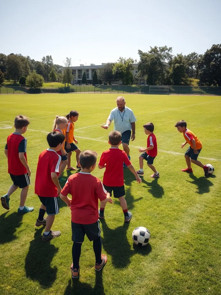 A photograph of former rugby players mentoring young athletes during a LES GABARIANS event, showcasing intergenerational exchange and guidance.