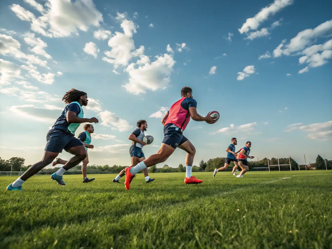 A vibrant image of young rugby players participating in a training session, showcasing teamwork and sportsmanship, set against a backdrop of a sunny rugby field.