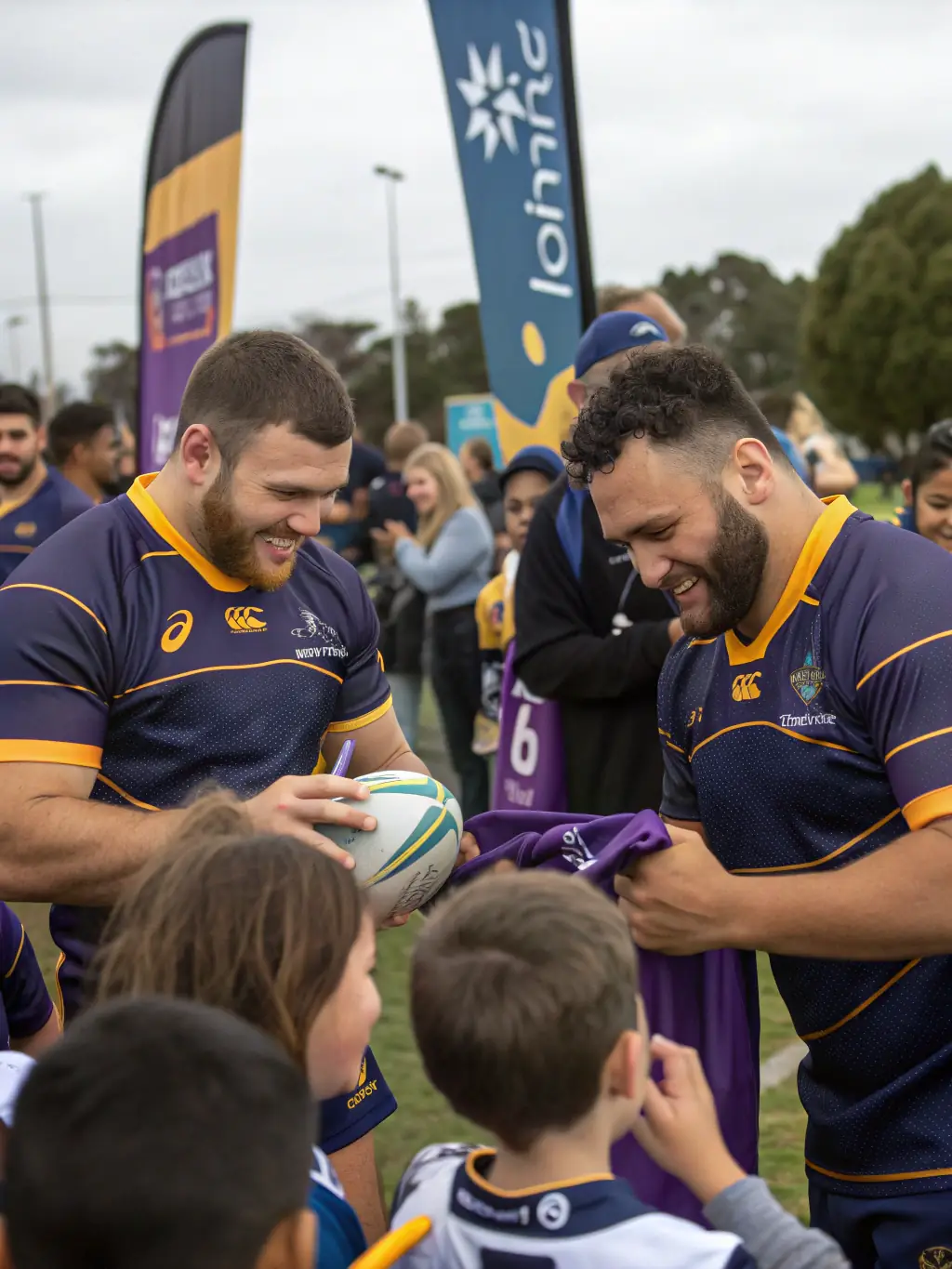 A photo of a community event where former rugby players are mentoring young participants, emphasizing intergenerational exchange and guidance. The atmosphere is warm and supportive.