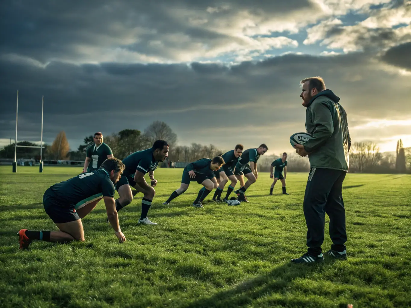 An inspiring image of former rugby players mentoring young athletes, highlighting the intergenerational exchange and the passing on of rugby values and traditions.