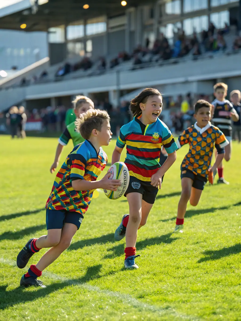 A diverse group of children laughing and engaging in a rugby-related activity during a summer camp, showcasing inclusivity and enjoyment. The setting is outdoors, with bright sunlight.